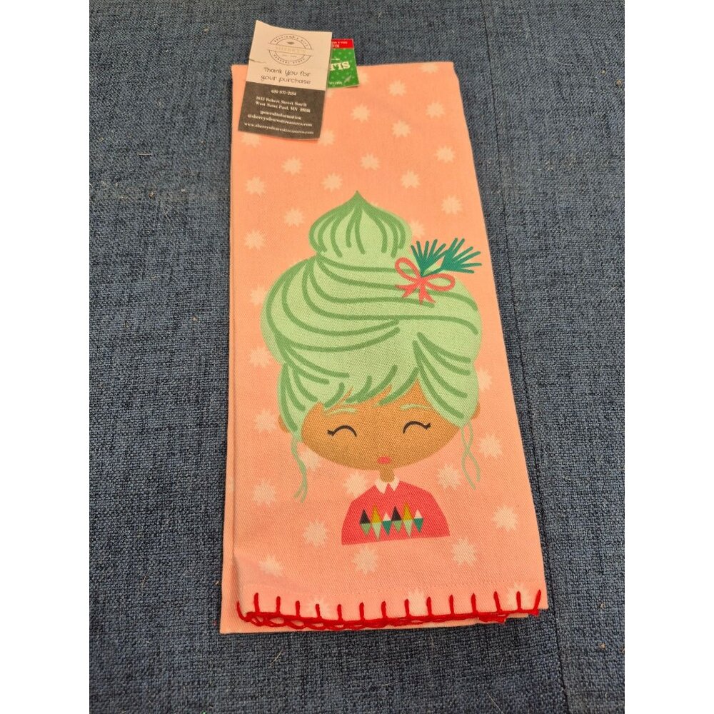 Decorative‎ Cotton Dish Towel With Whimsical Holiday Print & Red Stitching Edge